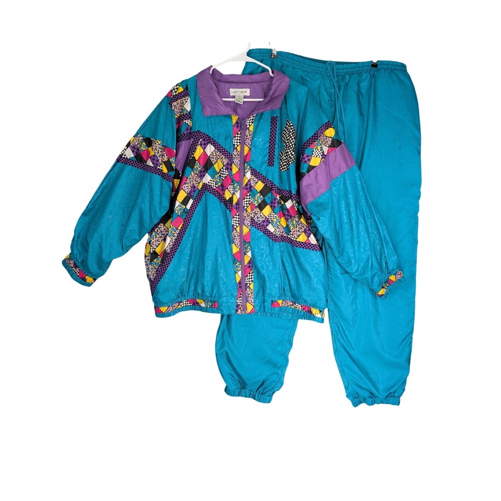 Vintage Lady Lavon Teal Geometric Patchwork Track Suit 2 Piece Set 2X 90s Retro